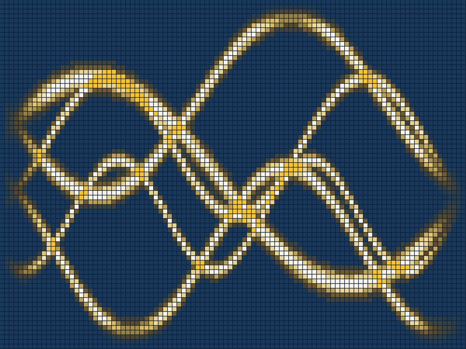 Pixelated waves of commerce data crossing between channels, in ConfigIQ navy and gold, with interaction points in bright yellow.